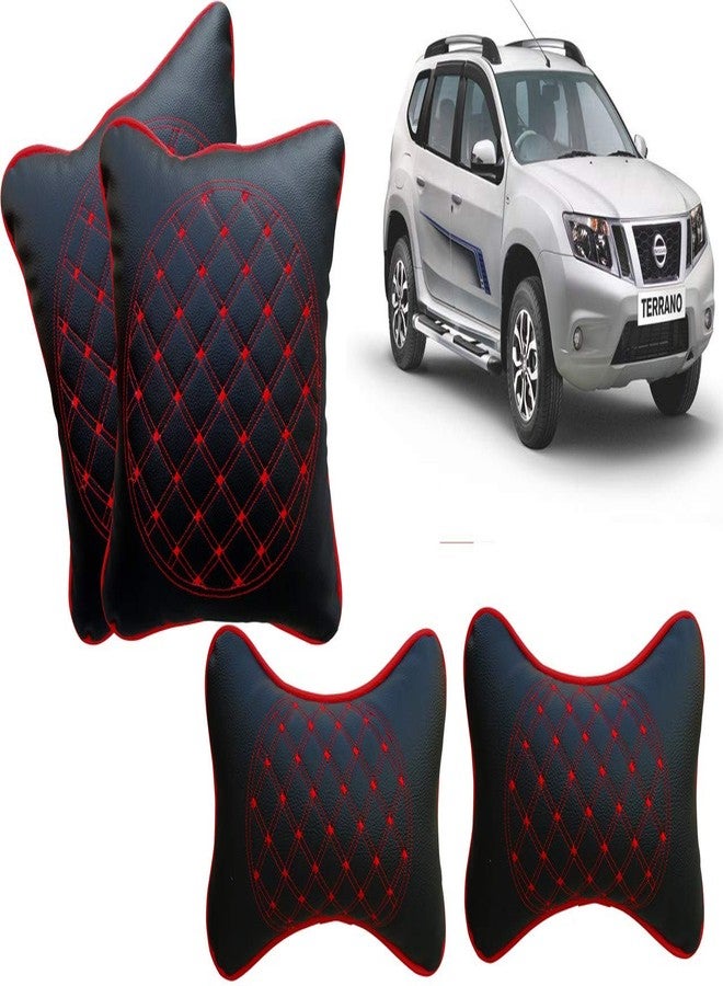 Selifaur Black and Red Double Quilted Car Cushion and Neck Rest Pillow Set of 4 for Terrano - Image 1
